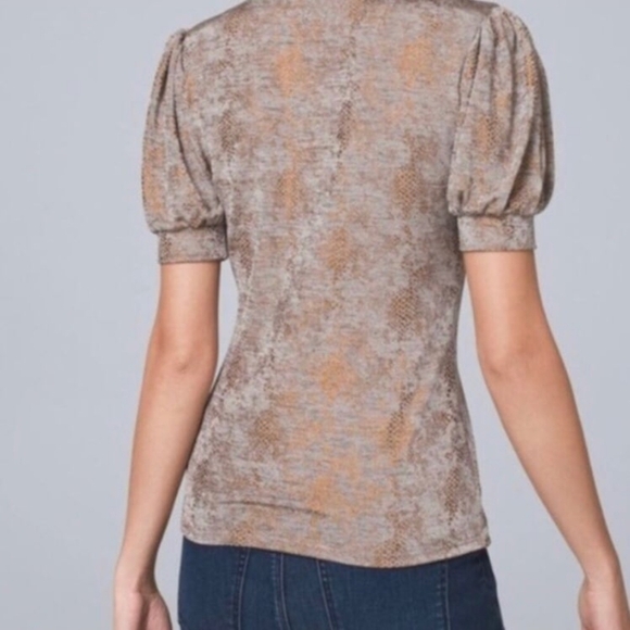 White House Black Market Gray and Brown Puff Sleeve Top - Picture 2 of 7